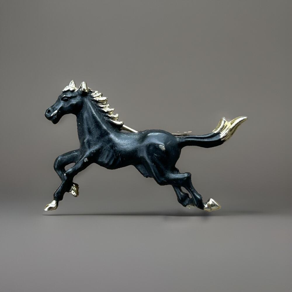 Vintage Black Enamel Galloping Horse Wild Stallion Pin Brooch Rare 2” X 2”